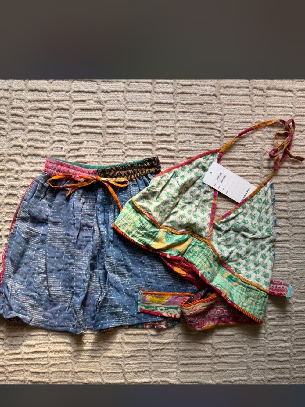 Free People Multicolor Patchwork Shorts and Top Set - Blue, Green, Yellow, Pink